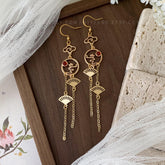 Cloud and Fan Long Drop Earrings, Japanese Fan unique earrings dangle, Cloud and Wave Earrings, Red Agate Oriental earrings